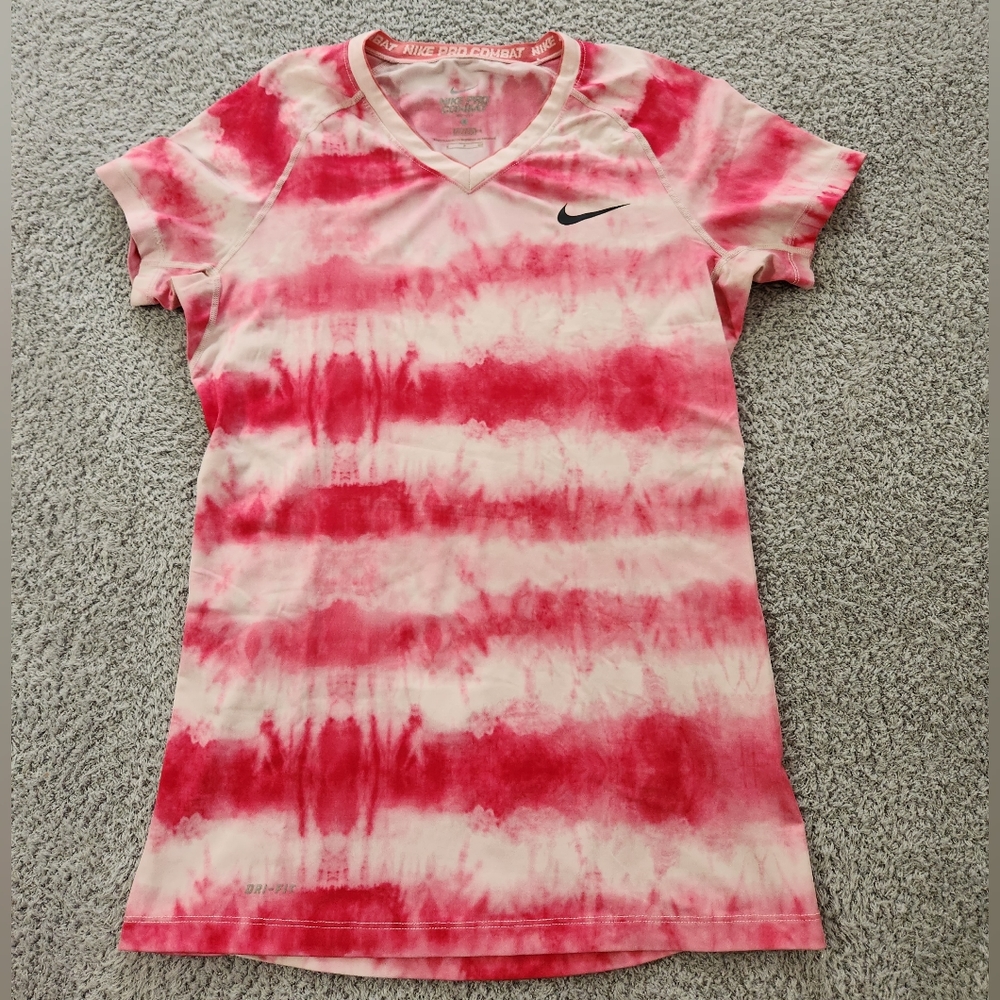 Nike Pro Combat Pink Tie Dye Fitted V-Neck Short Sleeve Shirt